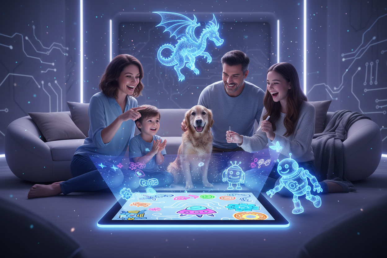 make a wholesome image of an lcd doodle pad being played with by the entire family, with a technologogical theme and holograms with smiling family and dog